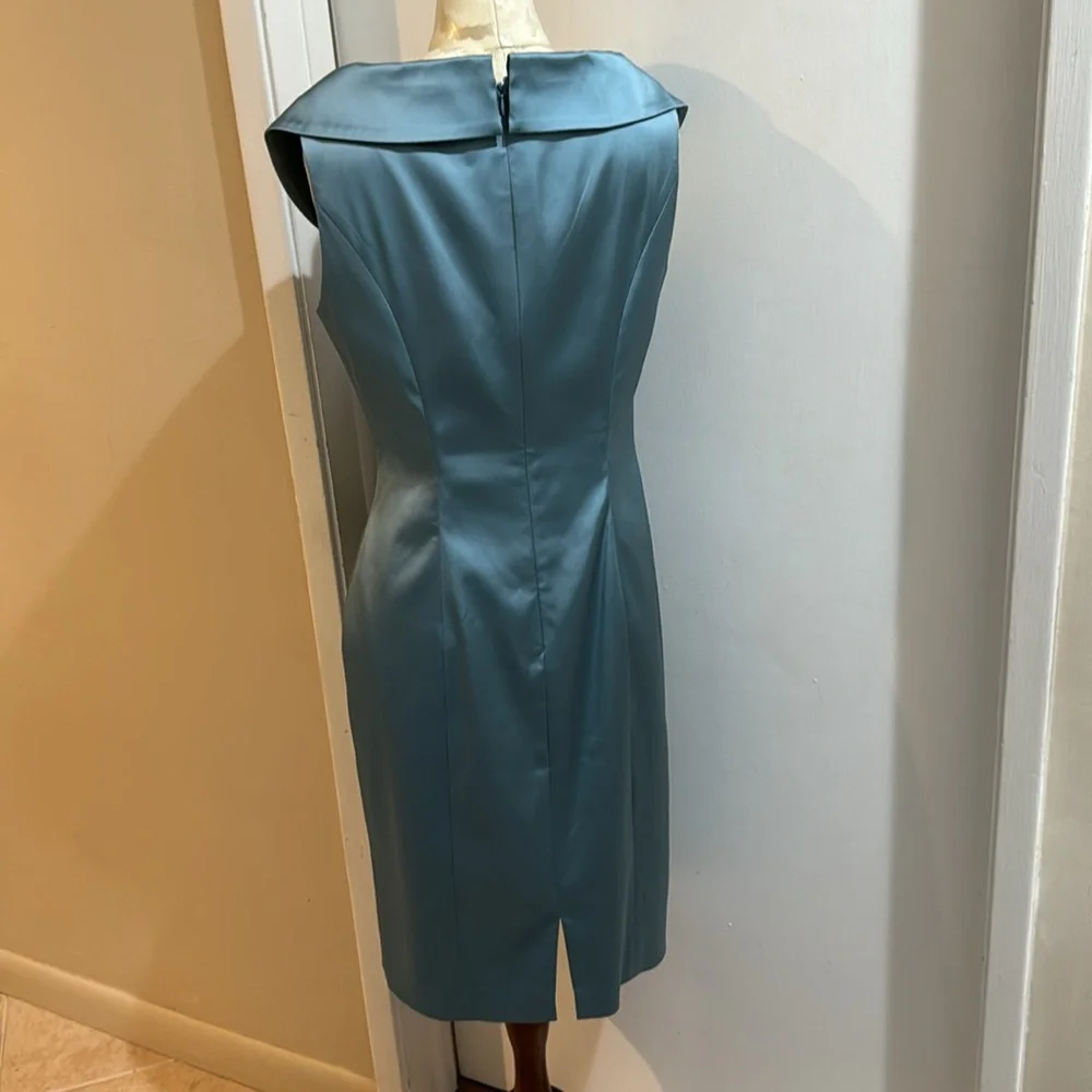 Silk Misty Blue Portrait Collar Ruched Sleeveless Tea Length Dress 10 - Picture 7 of 14